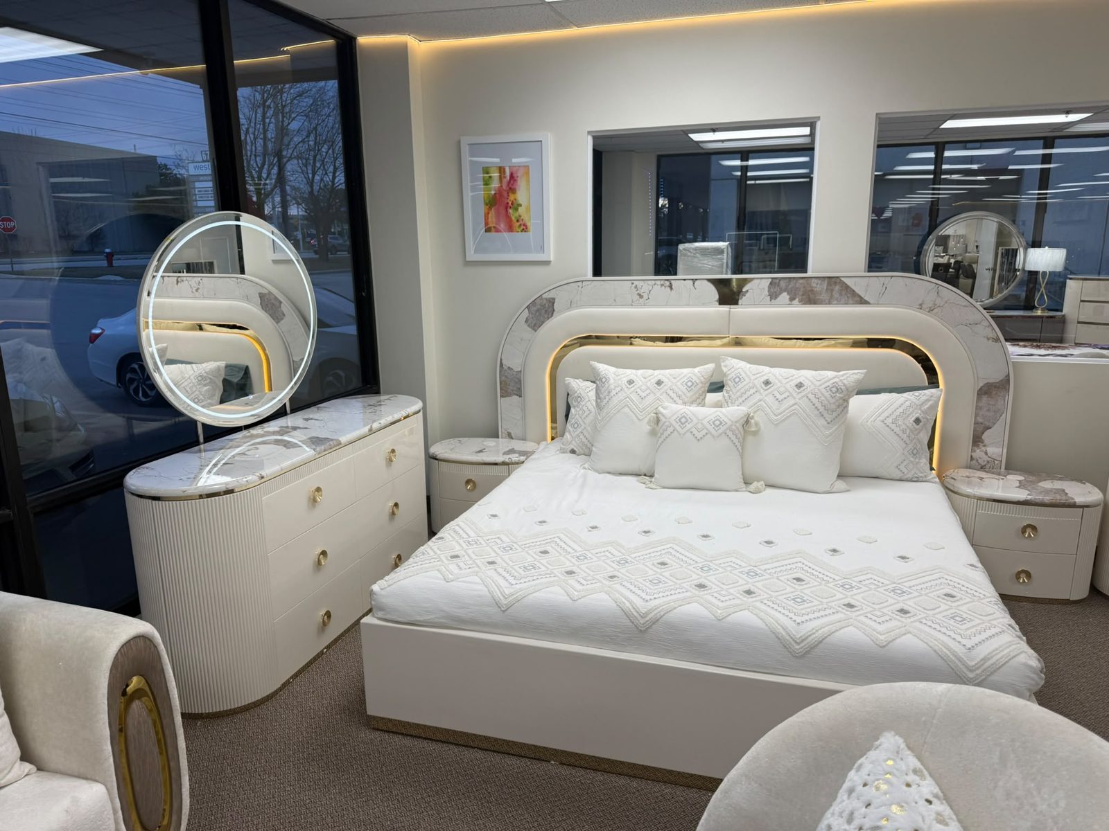 Floor model bedroom set on our showroom floor